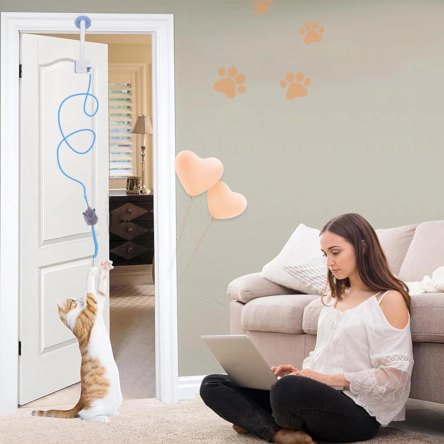 Door Hanging Automatic Retractable Kitten Toys with 3 Catnip Mice
