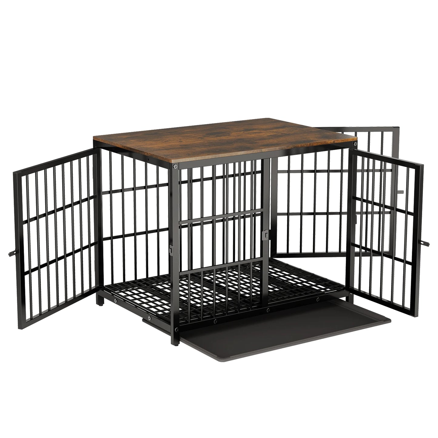 Heavy Duty Dog Kennels, Metal and Wooden Dog Crate End Table, Furniture Style Pet Cage with Three Doors and Removable Tray