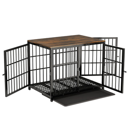 Heavy Duty Dog Kennels, Metal and Wooden Dog Crate End Table, Furniture Style Pet Cage with Three Doors and Removable Tray