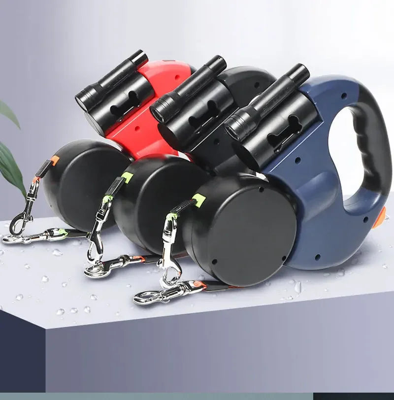 3in1  Reflective Double Head Automatic retractable Dog leash with Flashlight, Poop Bag Dispenser,