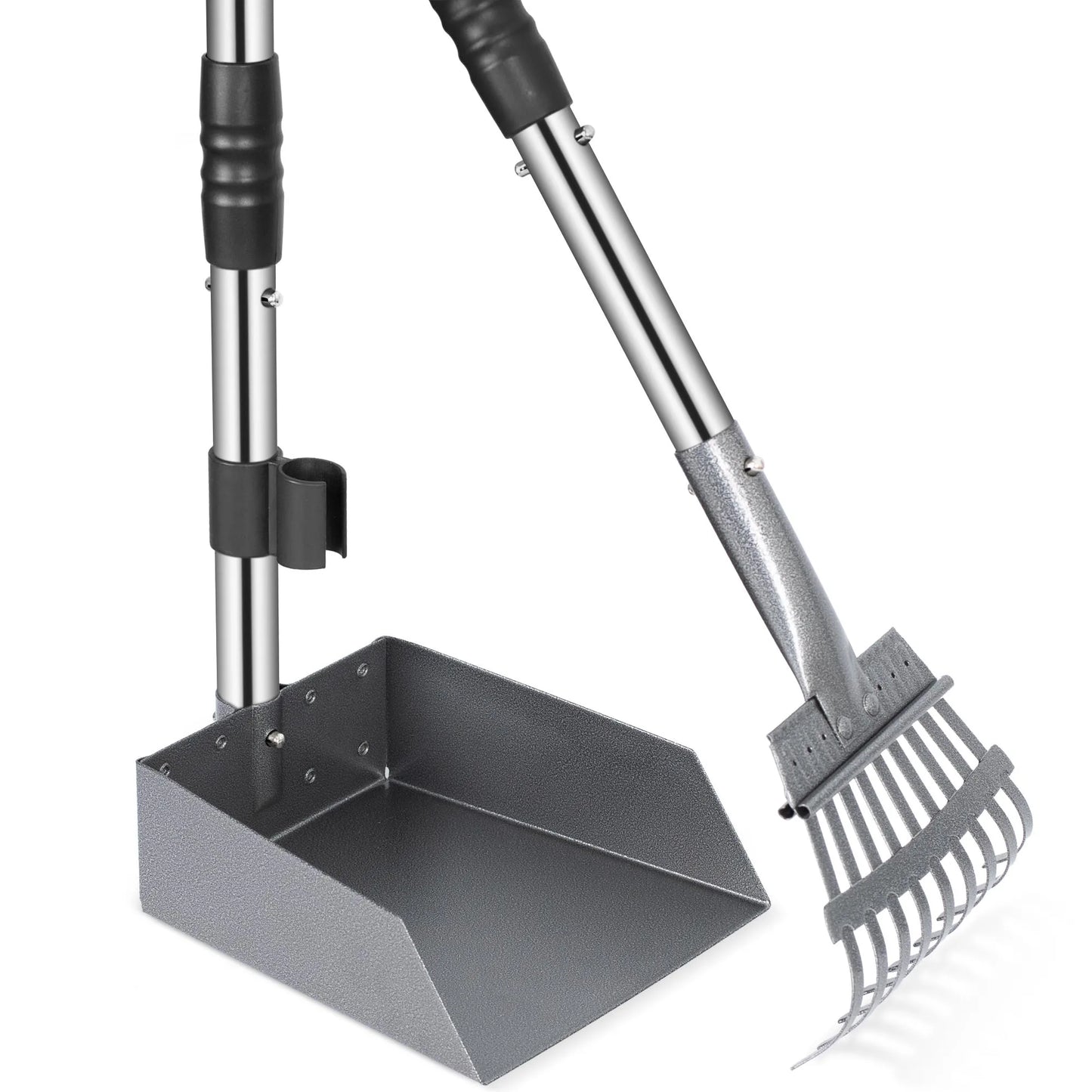Dog Pooper Scooper, Tray and Rake Set, Pet Waste Removal Scoop with Long Adjustable Sectional Stainless Handles