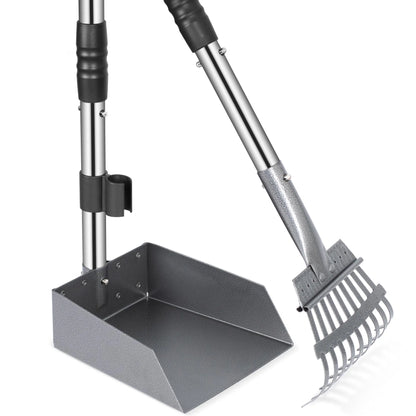 Dog Pooper Scooper, Tray and Rake Set, Pet Waste Removal Scoop with Long Adjustable Sectional Stainless Handles