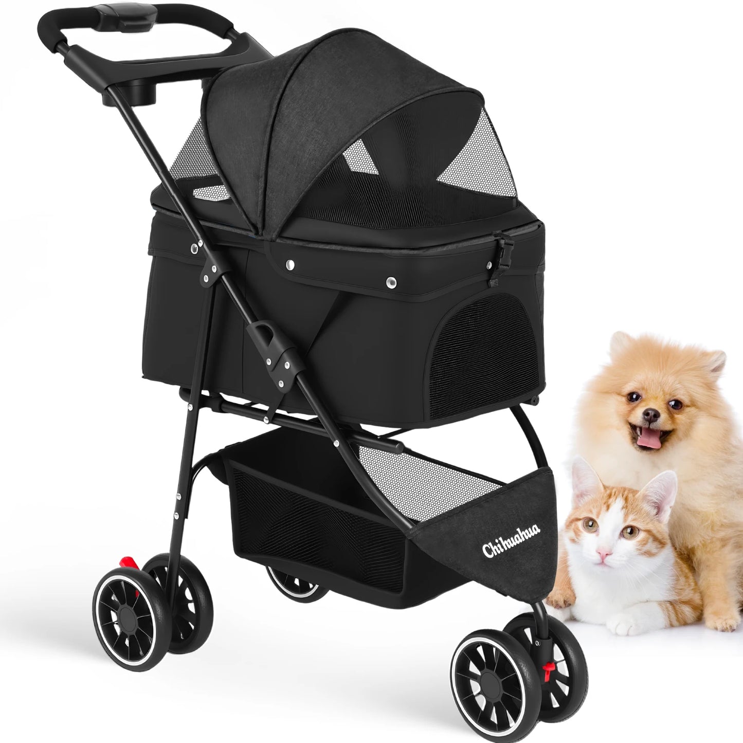 Pet Stroller For Small and Medium Cats & Dogs, 3 Wheels Foldable with Breathable Mesh Canopy, Pet Travel Carrier Suitable Outdoor Travel