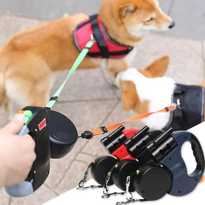 3in1  Reflective Double Head Automatic retractable Dog leash with Flashlight, Poop Bag Dispenser,
