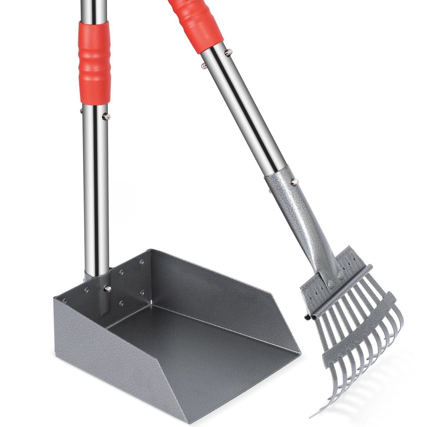 Dog Pooper Scooper, Tray and Rake Set, Pet Waste Removal Scoop with Long Adjustable Sectional Stainless Handles