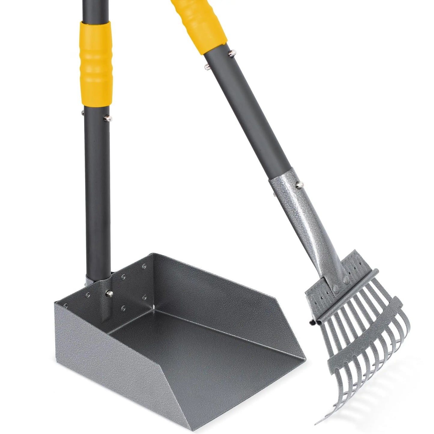 Dog Pooper Scooper, Tray and Rake Set, Pet Waste Removal Scoop with Long Adjustable Sectional Stainless Handles