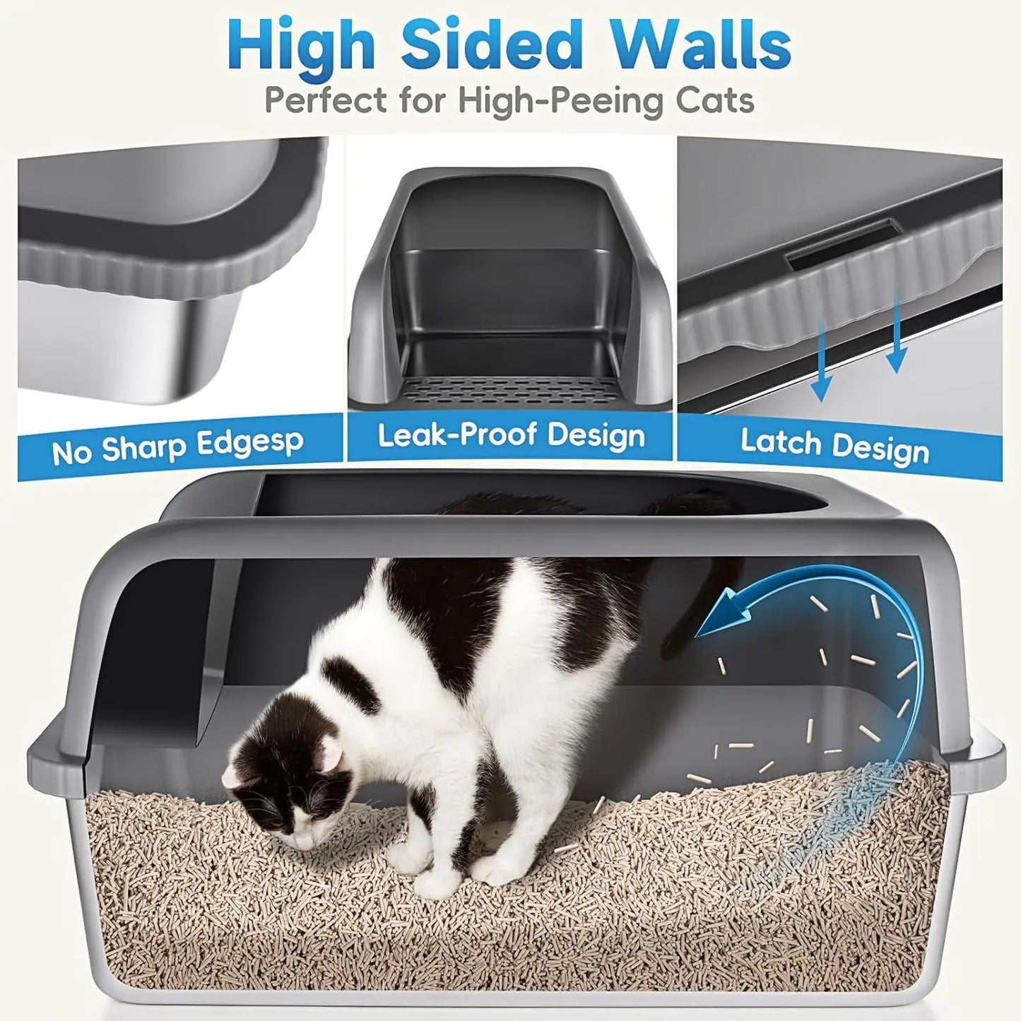 2-Pack Stainless Steel Cat Litter Box with Lid, XL Size for Large Cats, Enclosed Design to Prevent Scatter