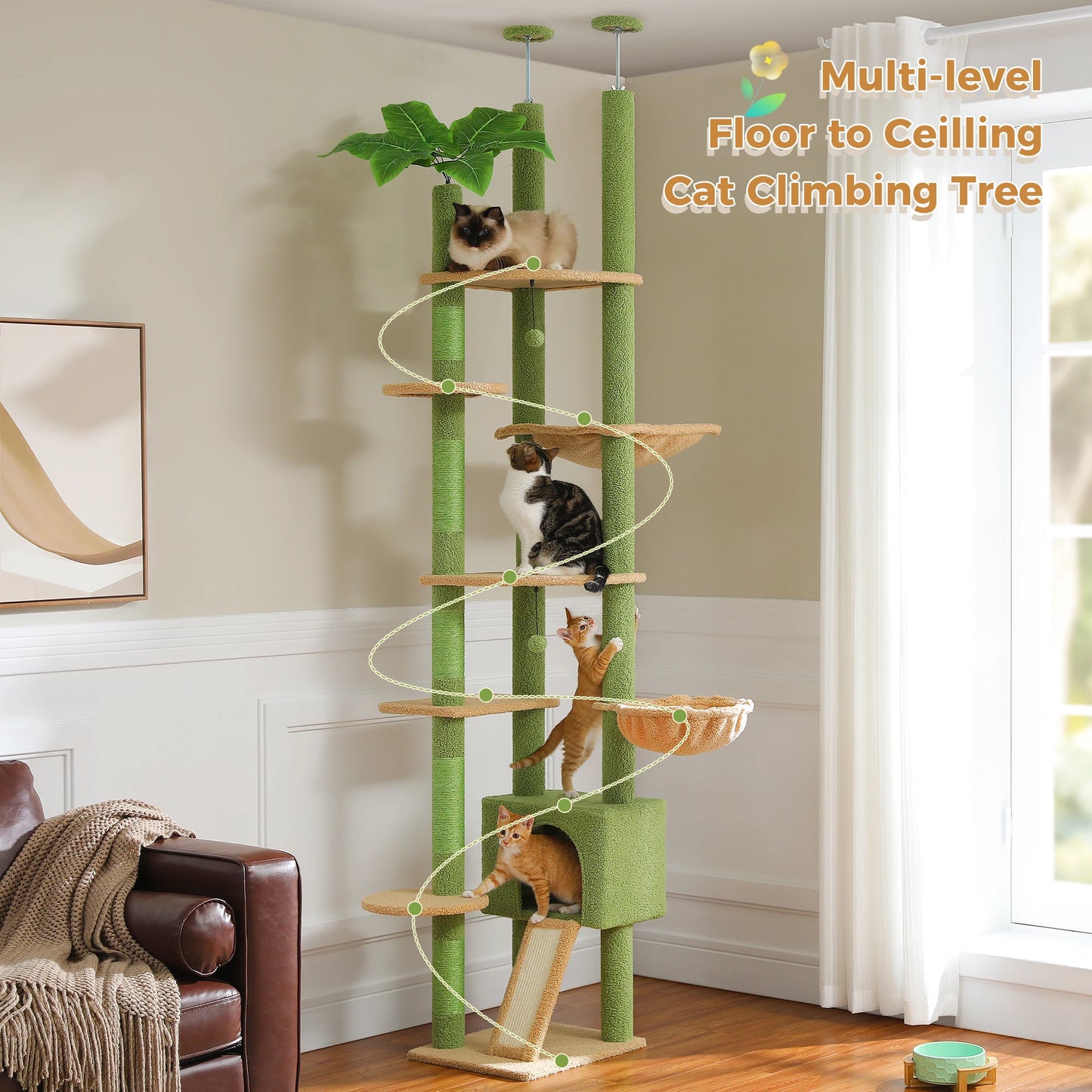 Cactus Cat Tree Tower,  Floor to Ceiling Cat Tower ,Adjustable Height with Cat Condo, Cozy Hammock and Scratching Post
