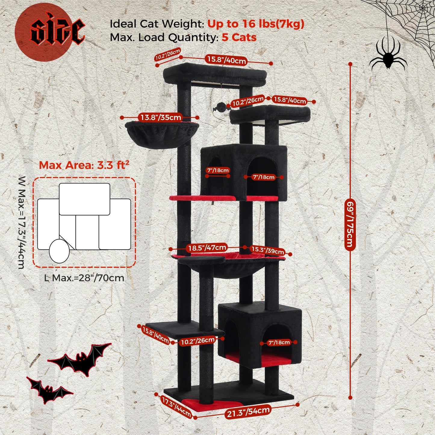 Tall Cat Tree for Indoor Cats, Big Cat Tower with Super Large Hammock, Cat Climbing Tree with Scratching Posts, Condo House Black