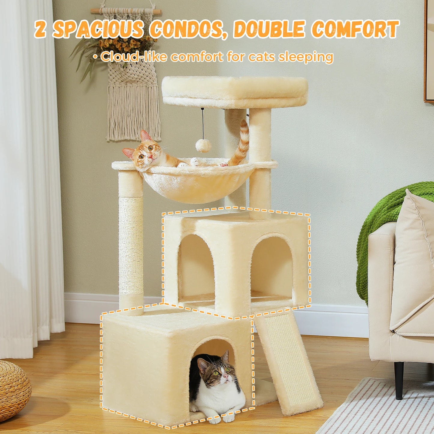 Large Cat Tree for Indoor Cats, Multi-Level Cat Tower with Sisal Scratching Post, 2 Spacious Condo, Cat Scratching Pad