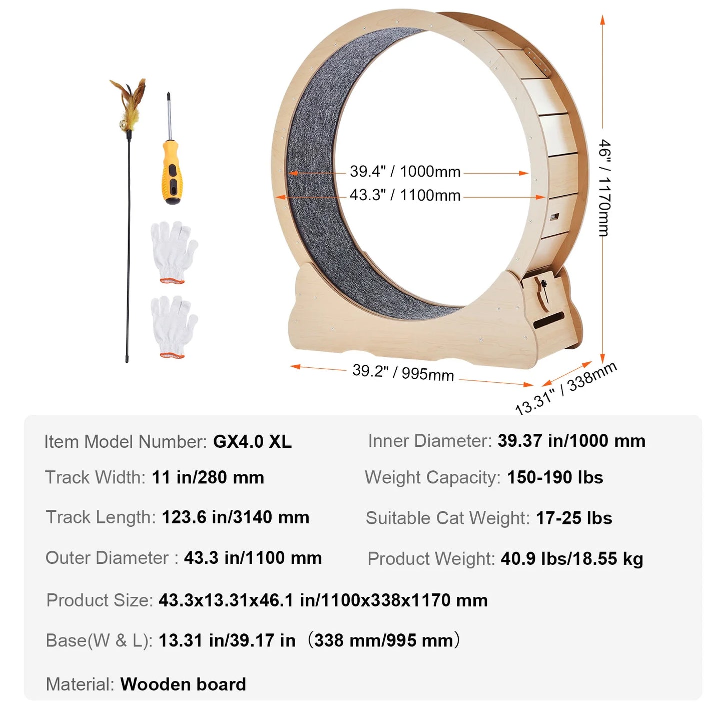 SucceBuy Wooden Cat Exercise Wheel, Treadmill Wheel for Indoor Cat, Running Wheel with Detachable Carpet& Cat Teaser
