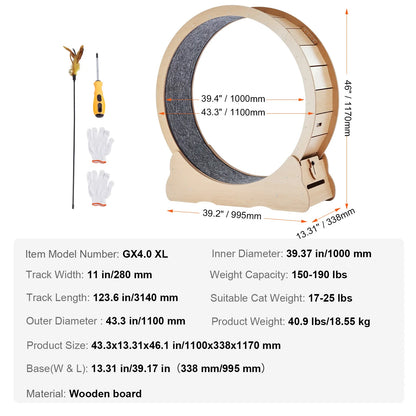 SucceBuy Wooden Cat Exercise Wheel, Treadmill Wheel for Indoor Cat, Running Wheel with Detachable Carpet& Cat Teaser
