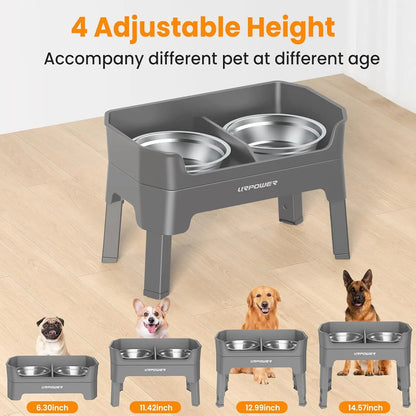 3-in-1 Elevated Dog Bowls with Adjustable Stand, Stainless Steel Bowls & Licking Plate for All Sizes