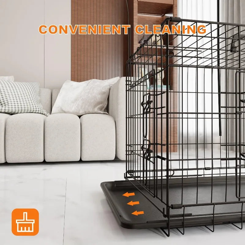Dog Crate 36 Inch Medium Dog Cage with Divider, Leak-Proof Tray, Double Door,Folding Metal Wire Cage, Indoor Outdoor Travel