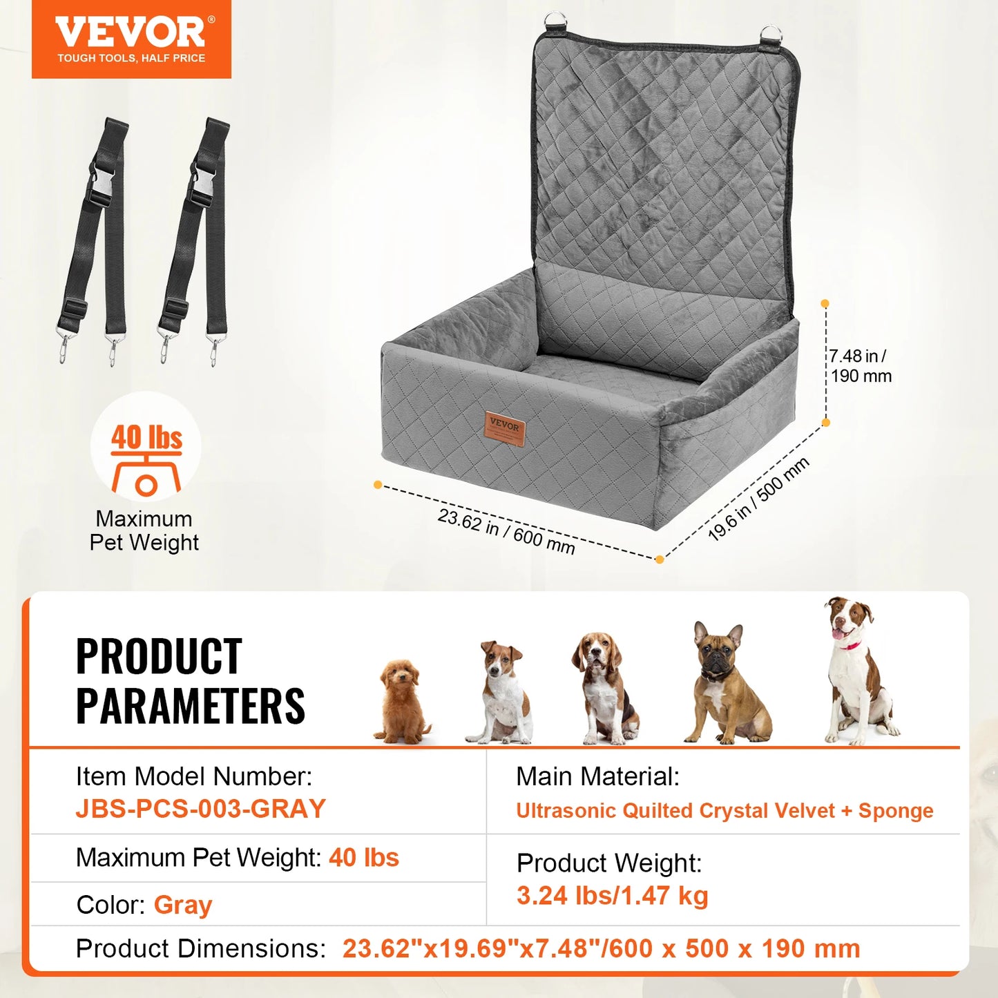 Dog Car Seat Waterproof Dog Booster Seat, Pet Car Seat with Clip-On Safety Leash, Car Bed for Medium or Large Dog