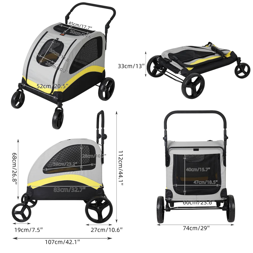 Premium Dog Stroller Pram 4 Wheel Foldable Cart, Pet Jogger Wagon for Small, Medium or Large Dogs