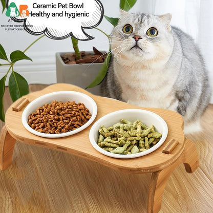 ATUBAN Cat Bowl with Stand,Smavles Cat Food Bowl Anti Vomiting Ceramic Cats Bowls With Stand, 15° Tilted Cats Water Bowl Set