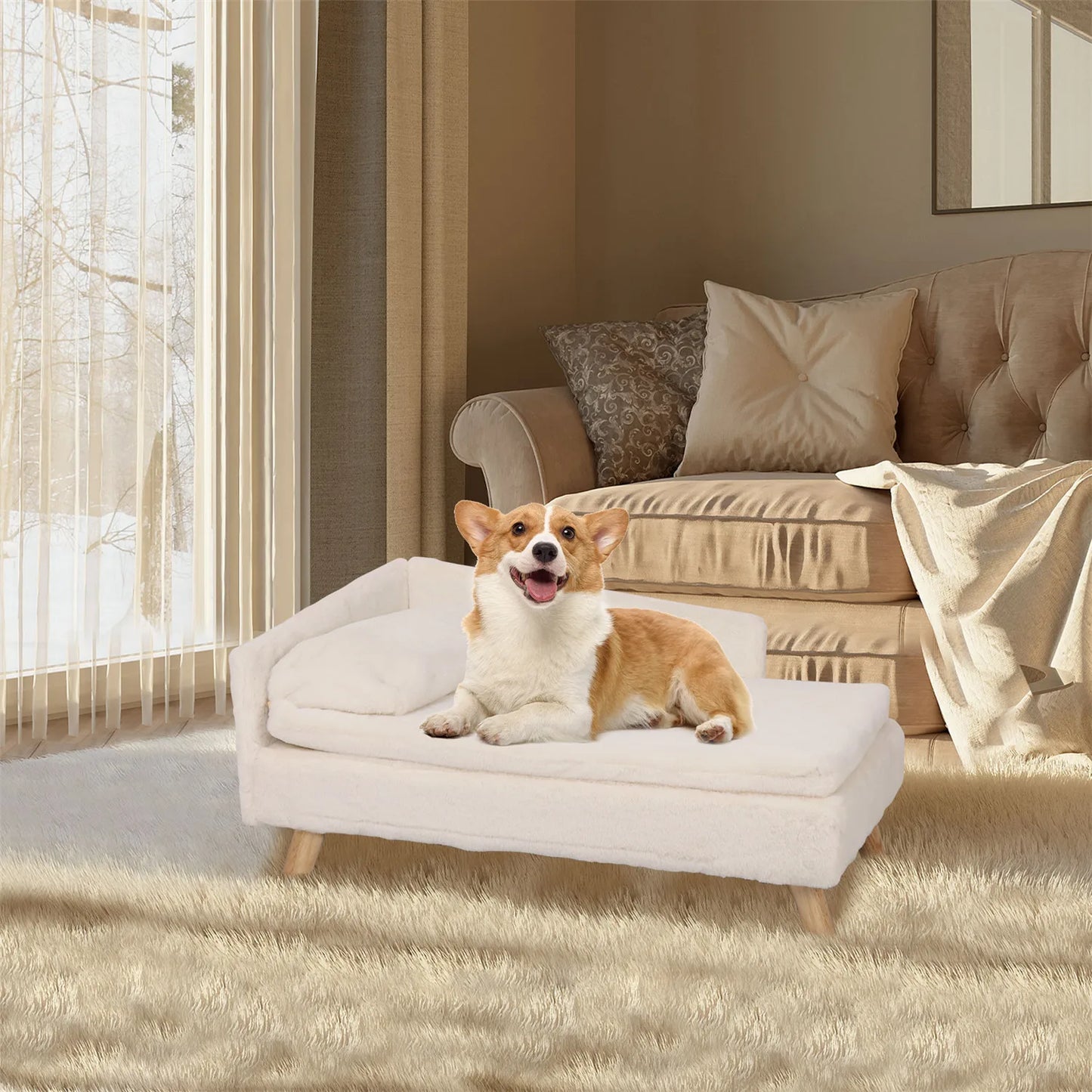Elevated Pet Bed,Nordic Pet Stool Bed with Cozy Pad, Waterproof, with Sturdy Wood Legs for Small Dog or Kitten