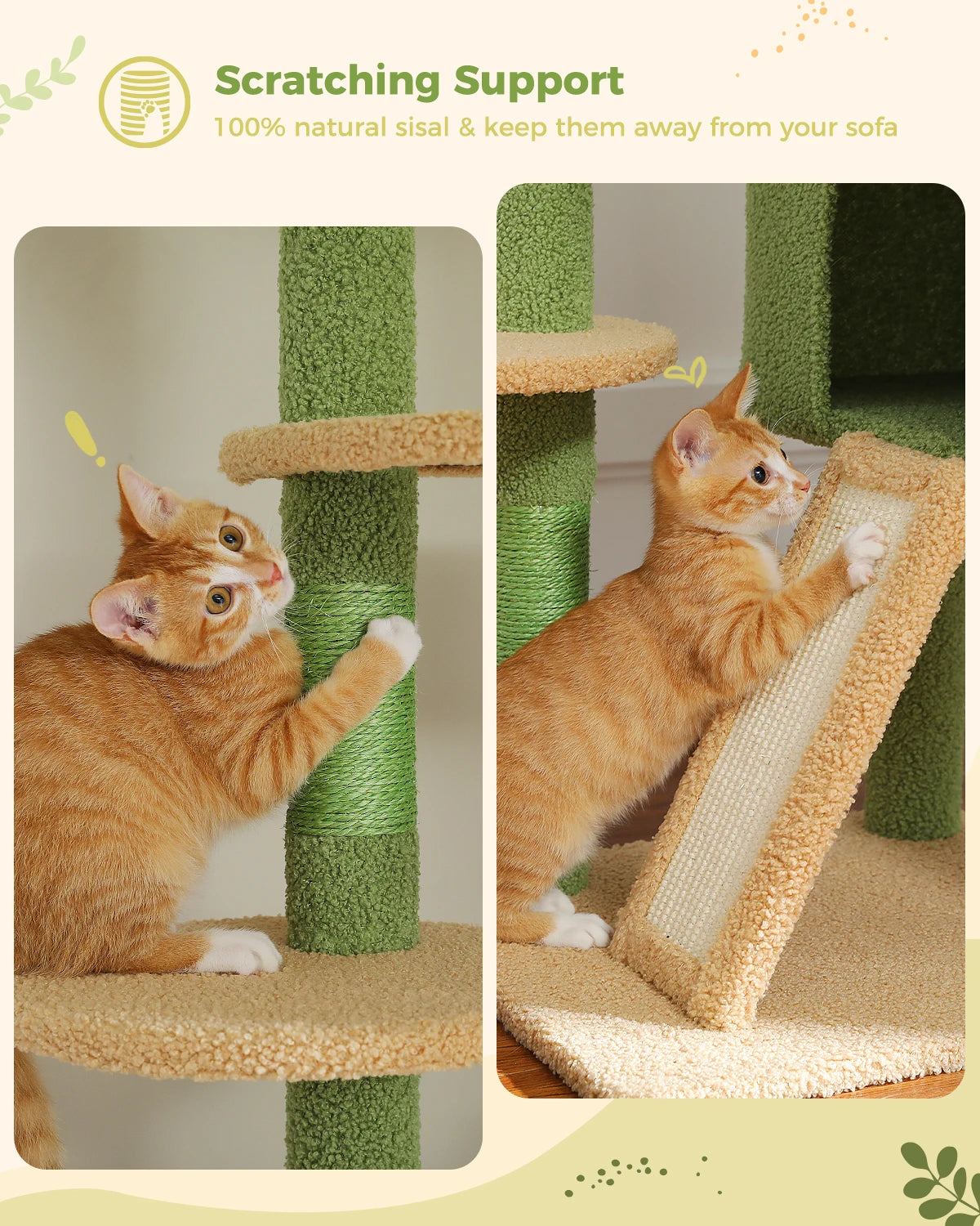Cactus Cat Tree Tower,  Floor to Ceiling Cat Tower ,Adjustable Height with Cat Condo, Cozy Hammock and Scratching Post