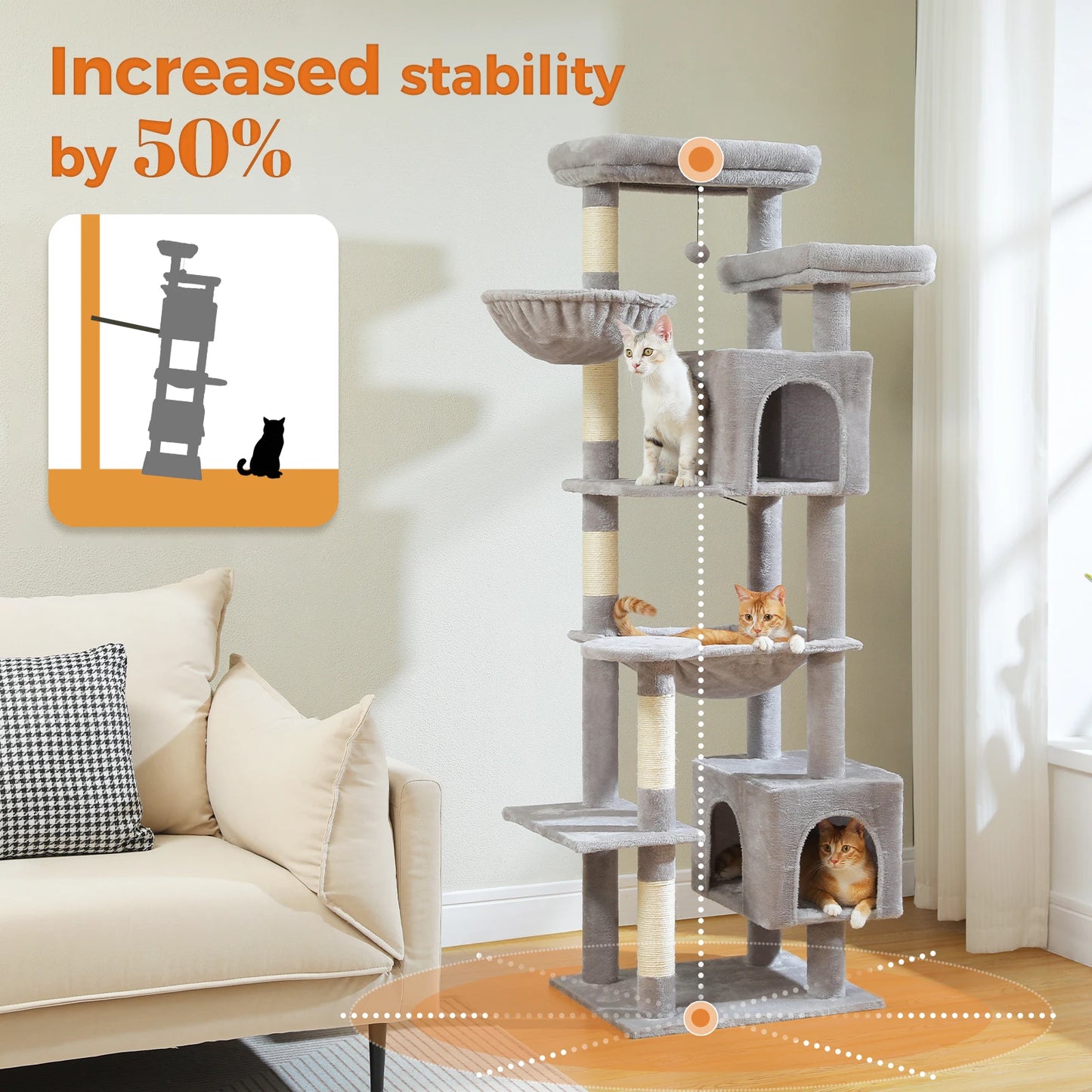 Tall Cat Tree for Indoor Cats, Big Cat Tower with Super Large Hammock, Cat Climbing Tree with Scratching Posts, Condo House Black
