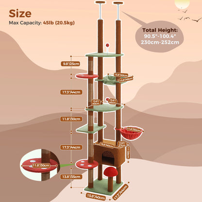 Cat Tree, Floor to Ceiling, Cat Tower Adjustable Height with Cat Condo, Cozy Hammock and Scratching Post