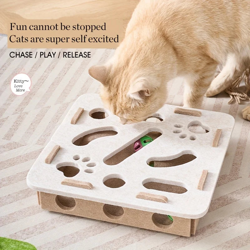 Interactive Cat Puzzle Toy, Felt Toy Box with Maze Tunnel, Bell, and Ball, Indoor Entertainment Cat Toy