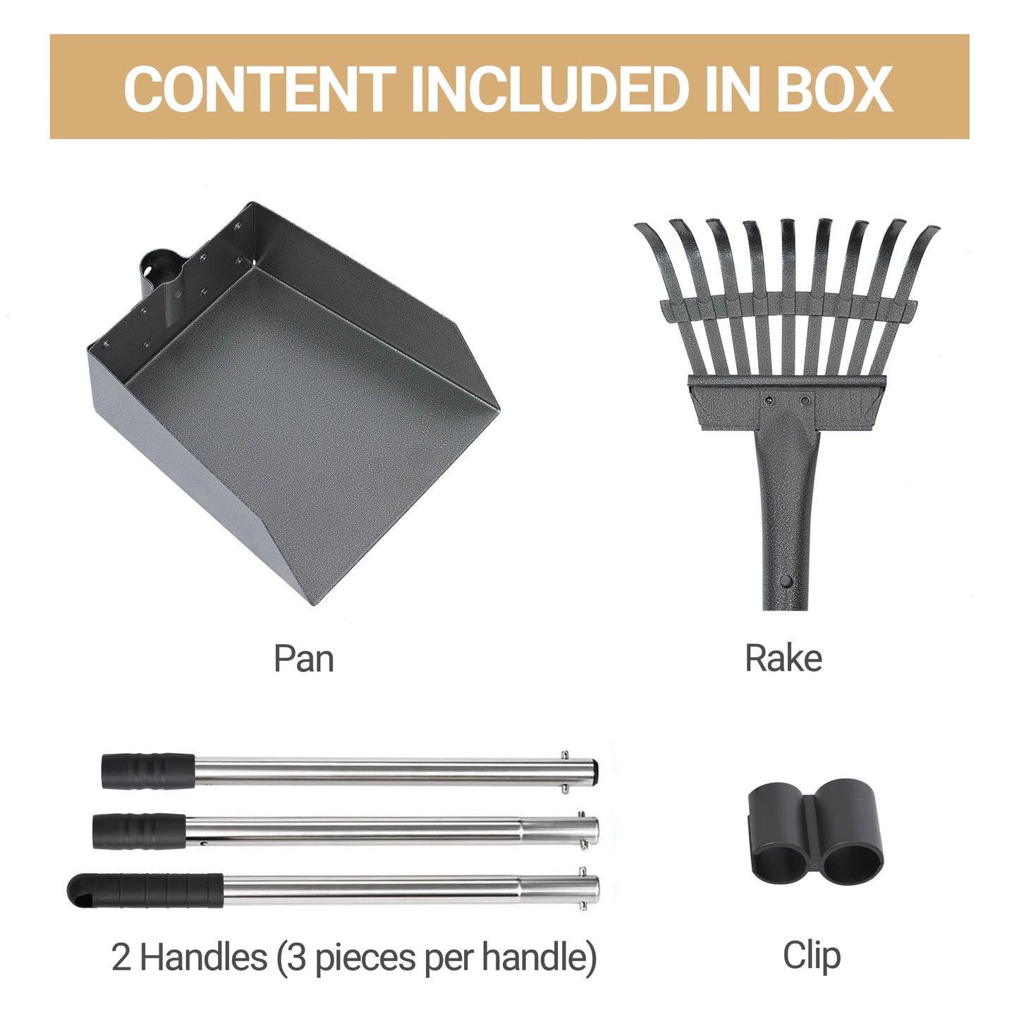 Dog Pooper Scooper, Tray and Rake Set, Pet Waste Removal Scoop with Long Adjustable Sectional Stainless Handles