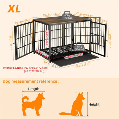 Heavy Duty Dog Kennels, Metal and Wooden Dog Crate End Table, Furniture Style Pet Cage with Three Doors and Removable Tray