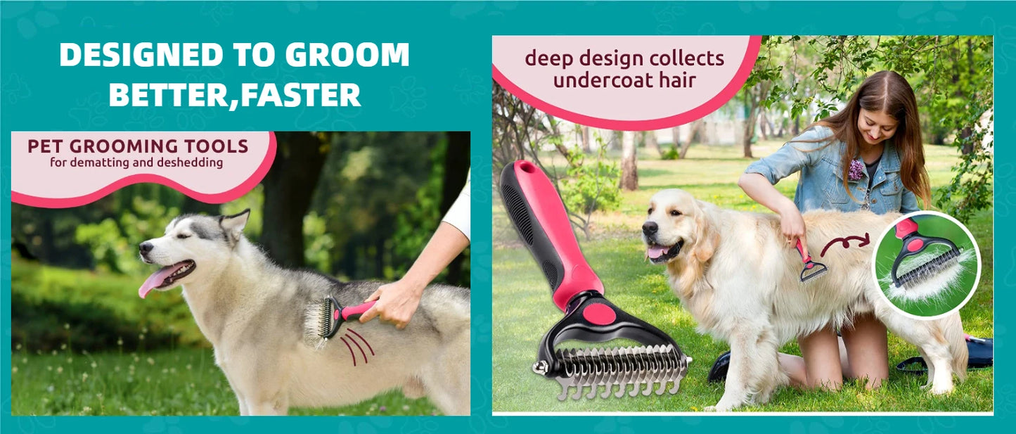 Pet Deshedding Brush - Double-Sided Undercoat Rake for Dogs & Cats - Shedding Comb and Dematting Tool for Grooming, Extra Wide