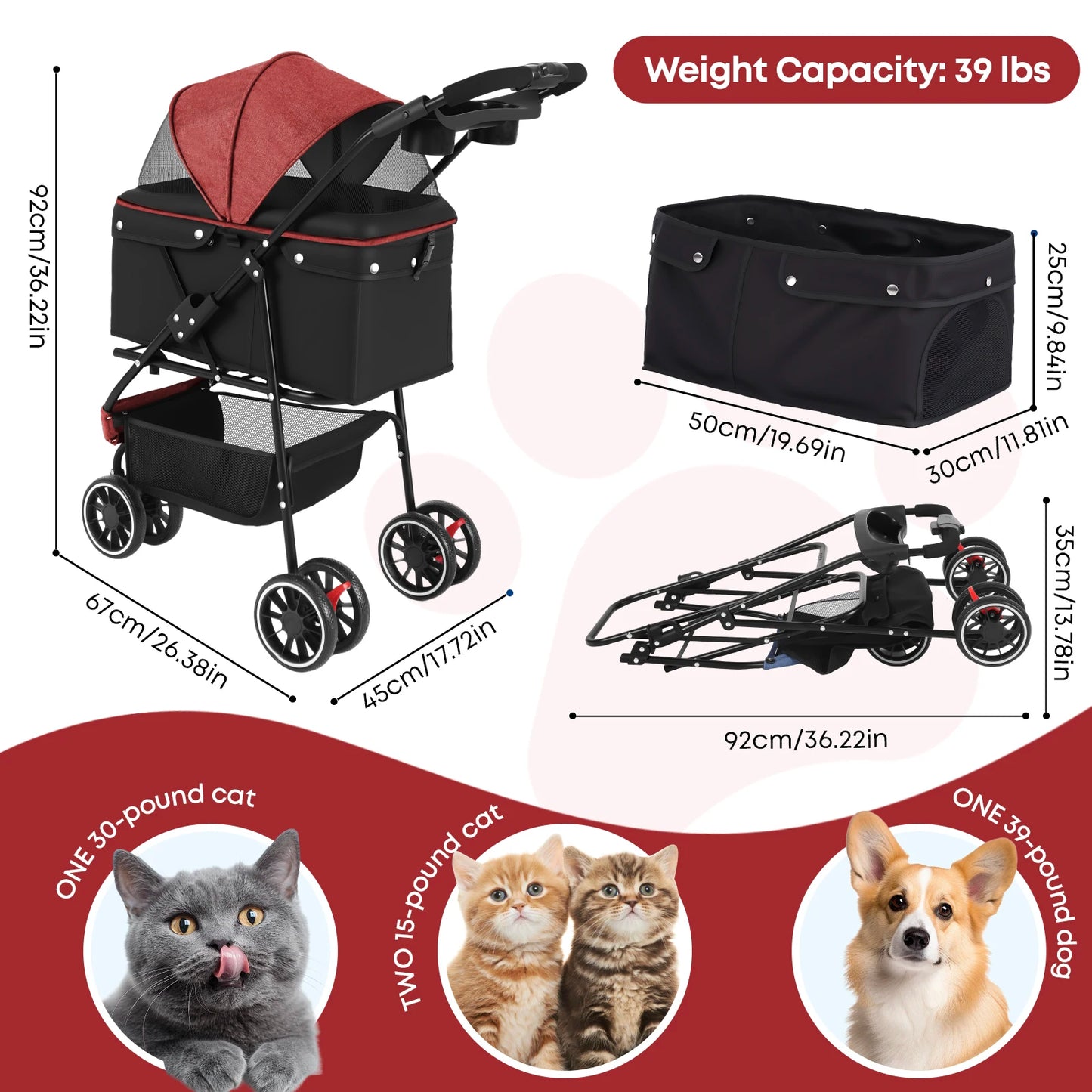 Pet Stroller For Small and Medium Cats & Dogs, 3 Wheels Foldable with Breathable Mesh Canopy, Pet Travel Carrier Suitable Outdoor Travel