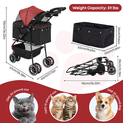Pet Stroller For Small and Medium Cats & Dogs, 3 Wheels Foldable with Breathable Mesh Canopy, Pet Travel Carrier Suitable Outdoor Travel