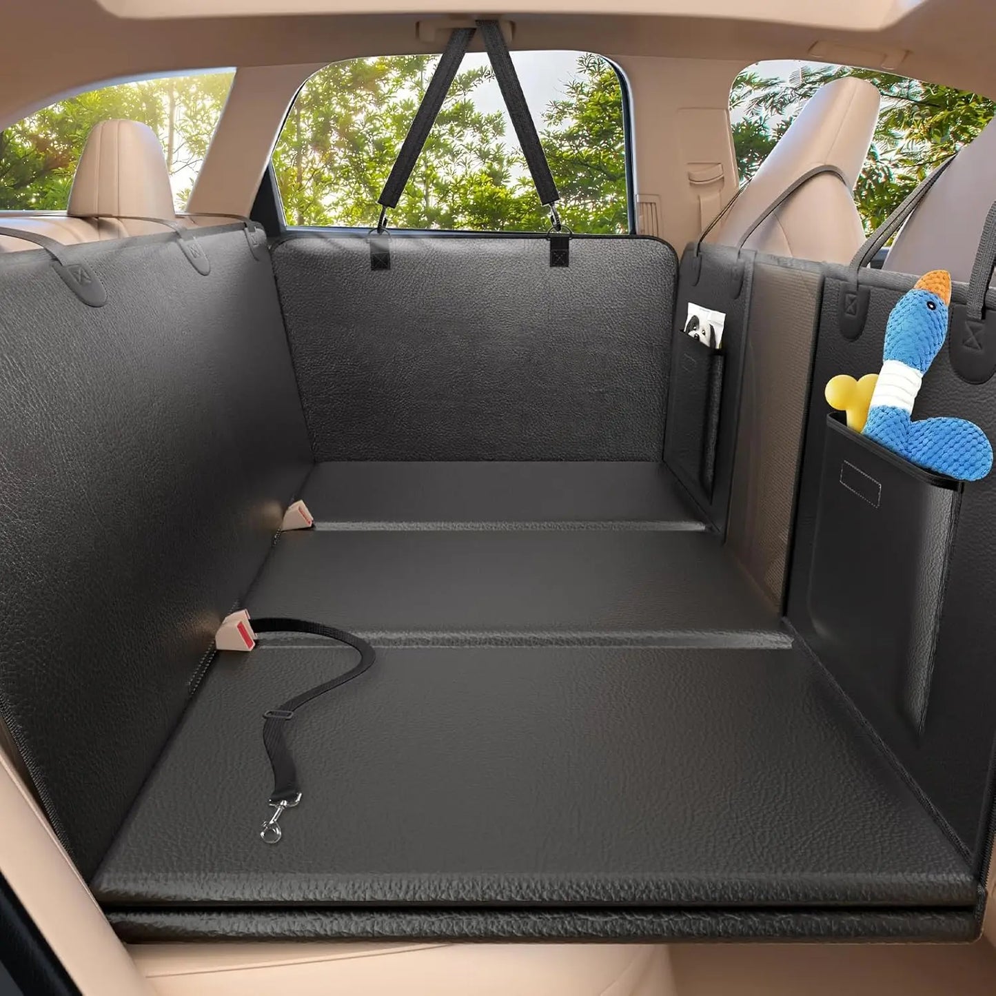 Upgraded PU Leather Dog Car Seat Cover, Waterproof Back Seat Extender for Dogs, Anti-Scratch Hard Bottom, Fits SUV, Supports