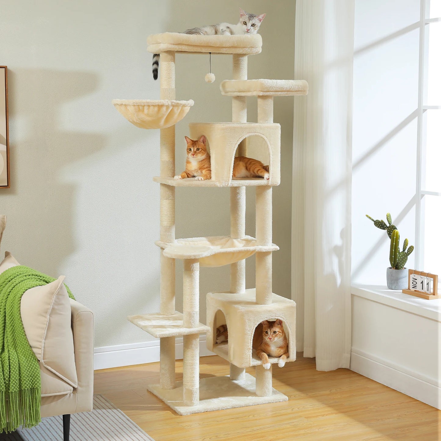 Tall Cat Tree for Indoor Cats, Big Cat Tower with Super Large Hammock, Cat Climbing Tree with Scratching Posts, Condo House Black