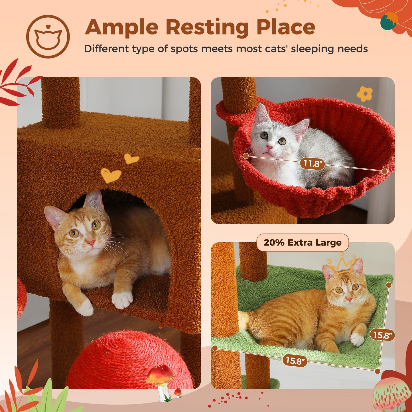 Cat Tree, Floor to Ceiling, Cat Tower Adjustable Height with Cat Condo, Cozy Hammock and Scratching Post