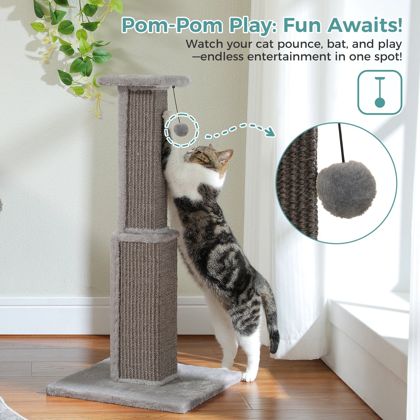 Large Cat Scratching Post for Indoor Cats, Ultimate Scratch Post with Woven Sisal Dangling Ball