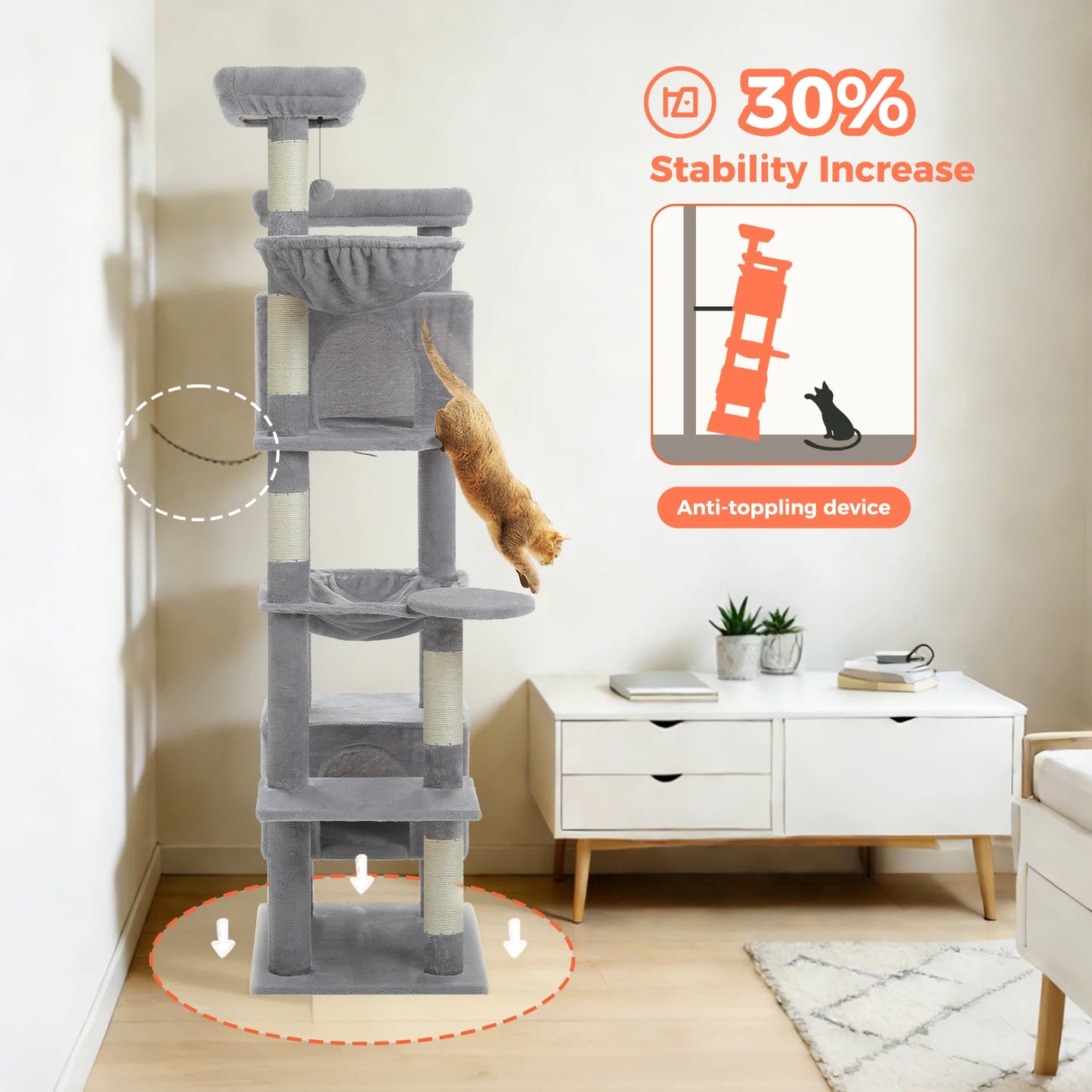 Tall Cat Tree for Indoor Cats, Big Cat Tower with Super Large Hammock, Cat Climbing Tree with Scratching Posts, Condo House Black