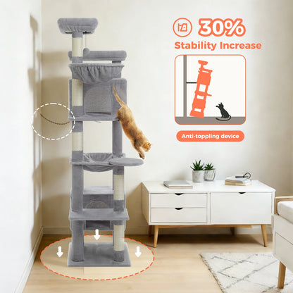 Tall Cat Tree for Indoor Cats, Big Cat Tower with Super Large Hammock, Cat Climbing Tree with Scratching Posts, Condo House Black