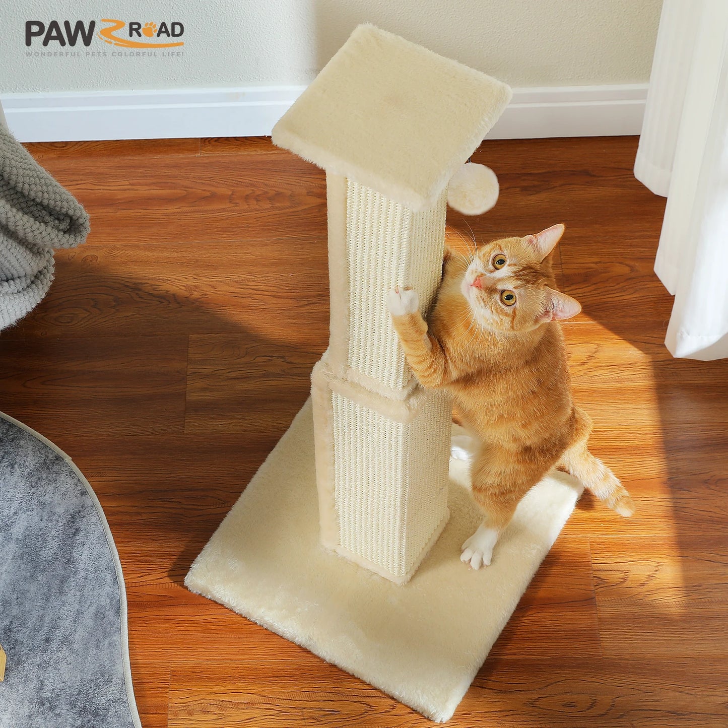 Large Cat Scratching Post for Indoor Cats, Ultimate Scratch Post with Woven Sisal Dangling Ball