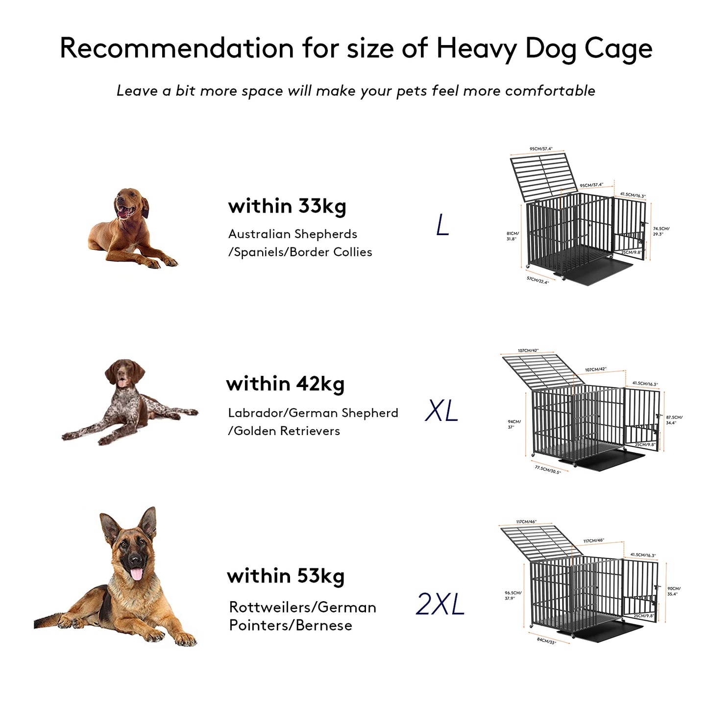 L XL XXL Heavy Duty Metal Dog Crate with 4 Lockable Wheels, 3 Doors and Removable Tray
