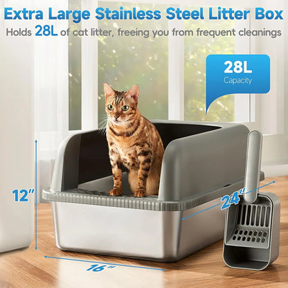 2-Pack Stainless Steel Cat Litter Box with Lid, XL Size for Large Cats, Enclosed Design to Prevent Scatter