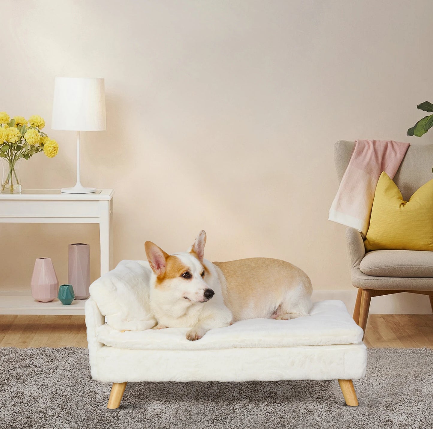Elevated Pet Bed,Nordic Pet Stool Bed with Cozy Pad, Waterproof, with Sturdy Wood Legs for Small Dog or Kitten