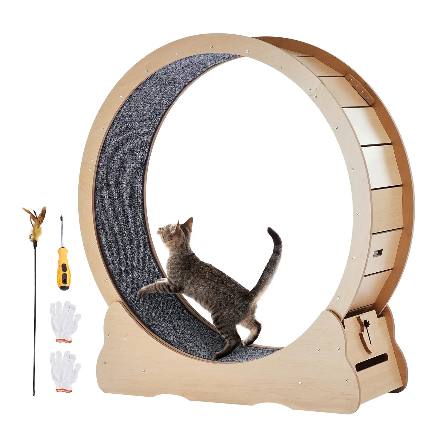 SucceBuy Wooden Cat Exercise Wheel, Treadmill Wheel for Indoor Cat, Running Wheel with Detachable Carpet& Cat Teaser