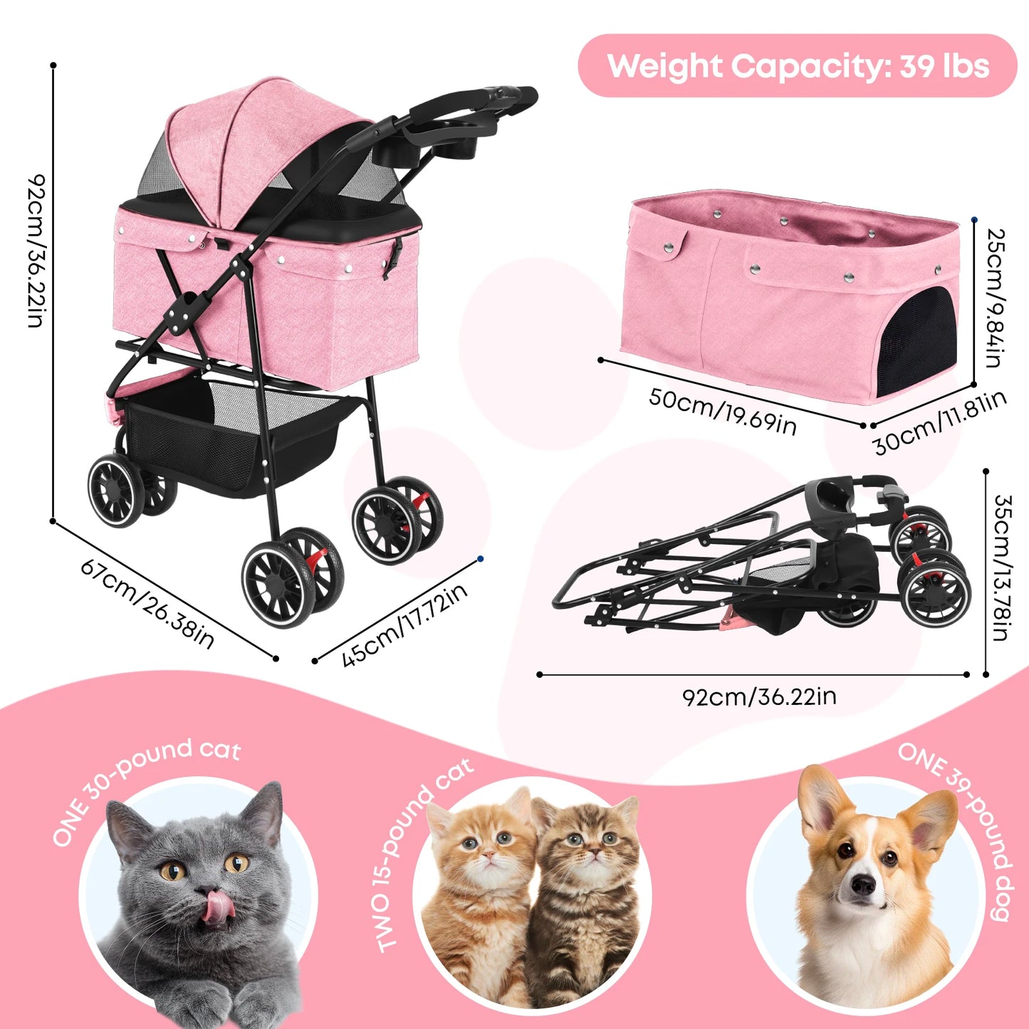 Pet Stroller For Small Puppy, Dogs & Cats, Travel Portable Dog Stroller,  Foldable