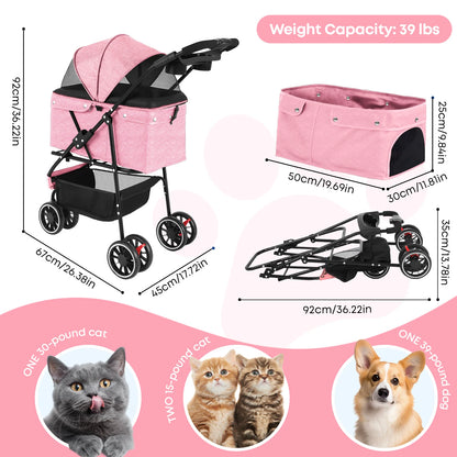 Pet Stroller For Small Puppy, Dogs & Cats, Travel Portable Dog Stroller,  Foldable
