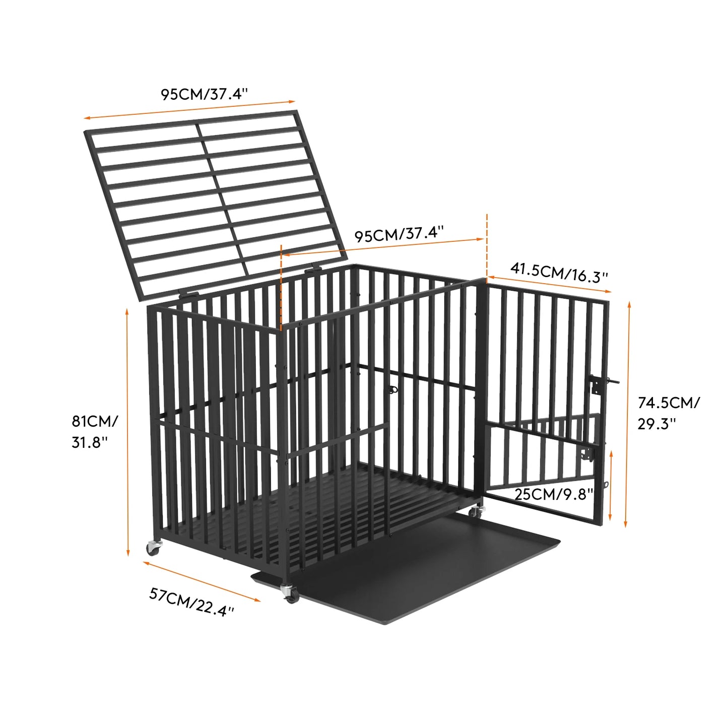 L XL XXL Heavy Duty Metal Dog Crate with 4 Lockable Wheels, 3 Doors and Removable Tray
