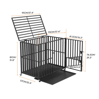 L XL XXL Heavy Duty Metal Dog Crate with 4 Lockable Wheels, 3 Doors and Removable Tray