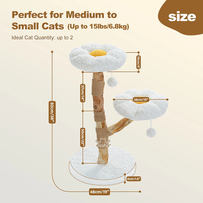 Modern Cat Tree Tower with Natural Solid Wood Scratching Posts Spacious Wicker Basket Luxury Cat Condo Bed for Indoor Cat Toys