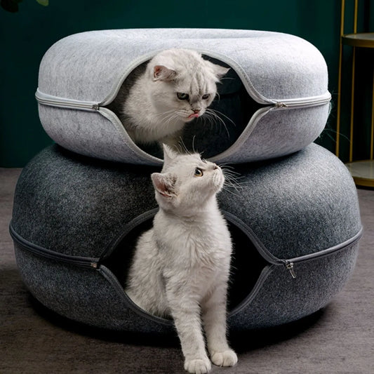 Donut Cat Bed with Interactive Tunnel , Felt Indoor Toys for Cats
