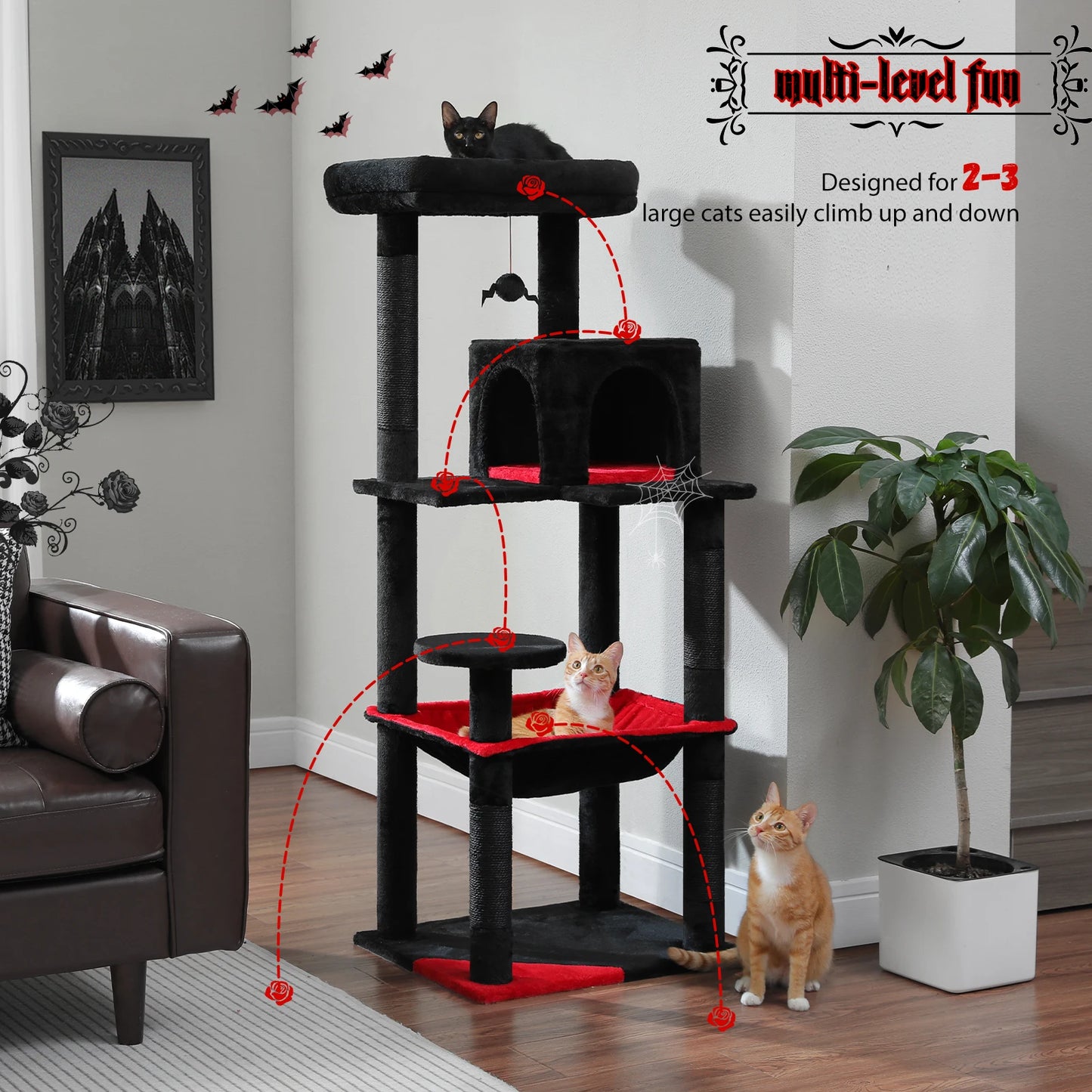 Gothic Cat Tree for Indoor Cats, Tall Cat Tower with Super Large Hammock, Sisal Covered Scratching Post ,Cozy Condo ,Top Perch