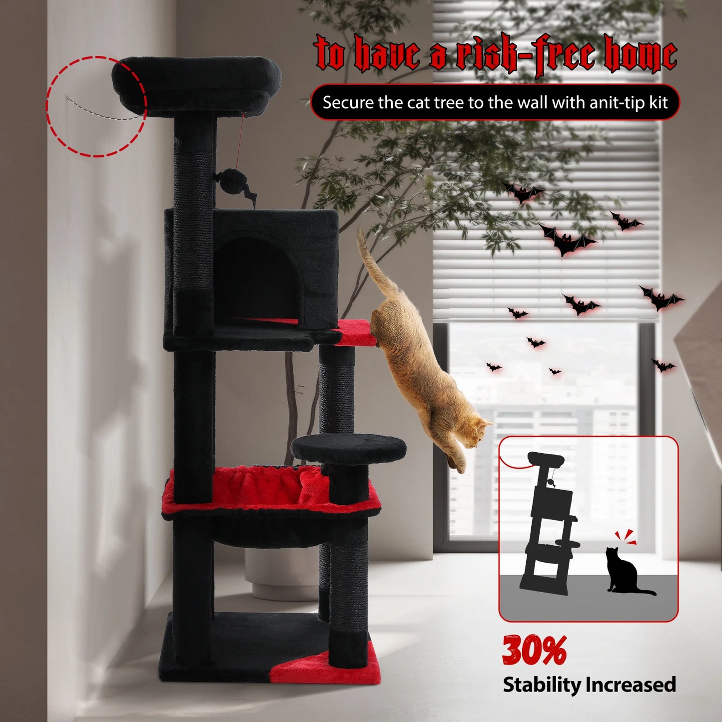 Gothic Cat Tree for Indoor Cats, Tall Cat Tower with Super Large Hammock, Sisal Covered Scratching Post ,Cozy Condo ,Top Perch